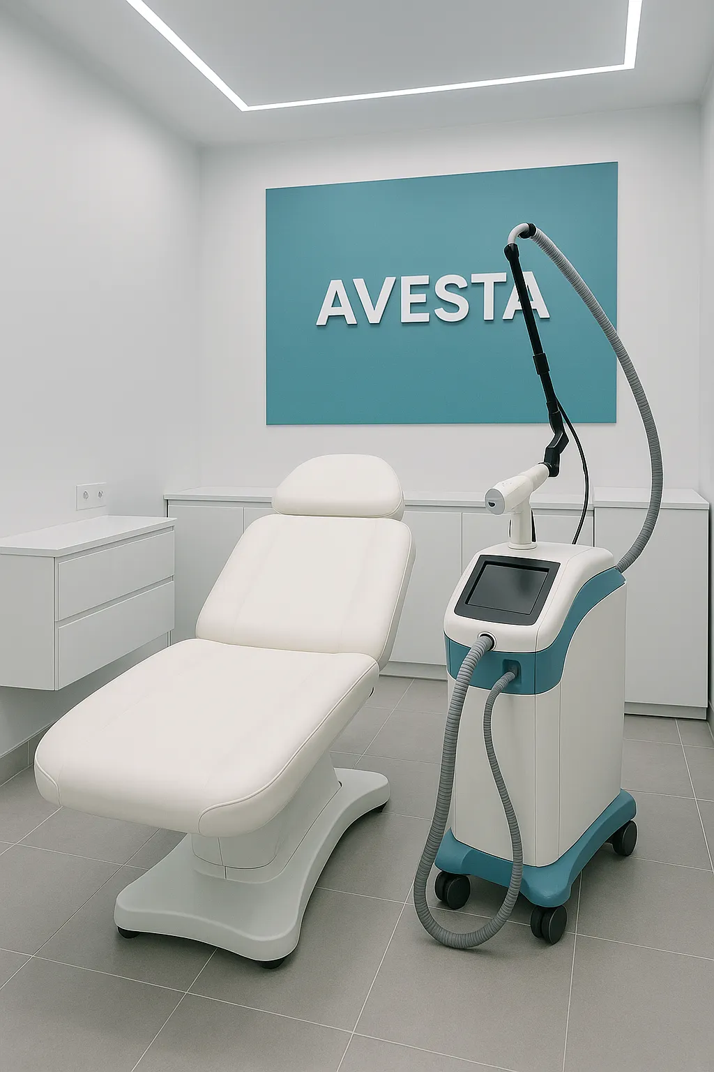Modern laser treatment room with blue accent at Avesta Clinic